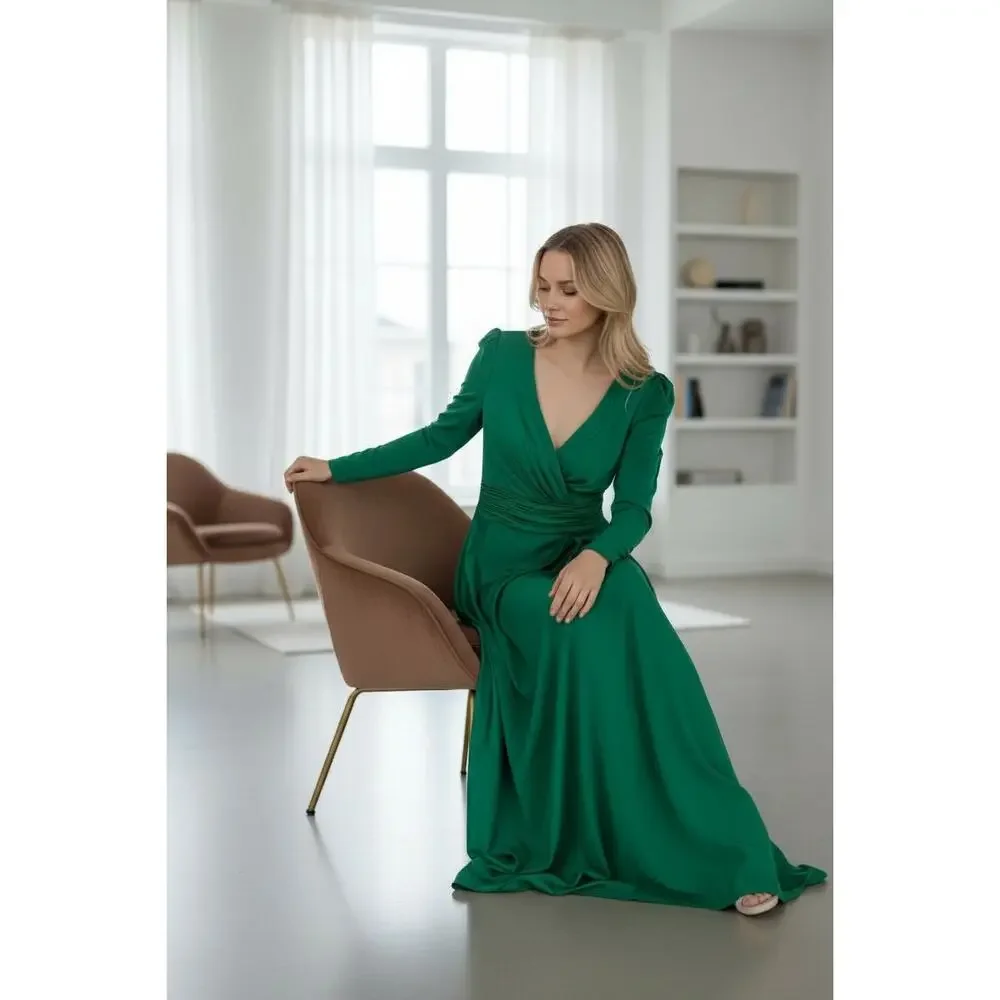 MAC DUGGAL Dress Size 2 NEW Green V Neck Puff Sleeve Emerald - Picture 5 of 6